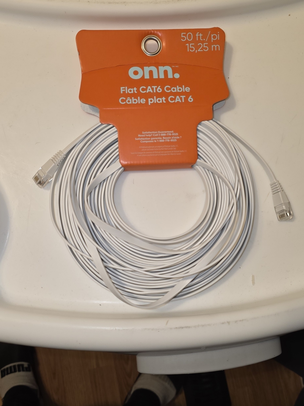 onn. Flat CAT6 Ethernet Cable — White, 50 ft